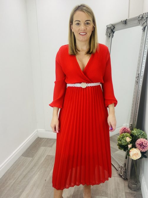 Crystal Pleated dress in red