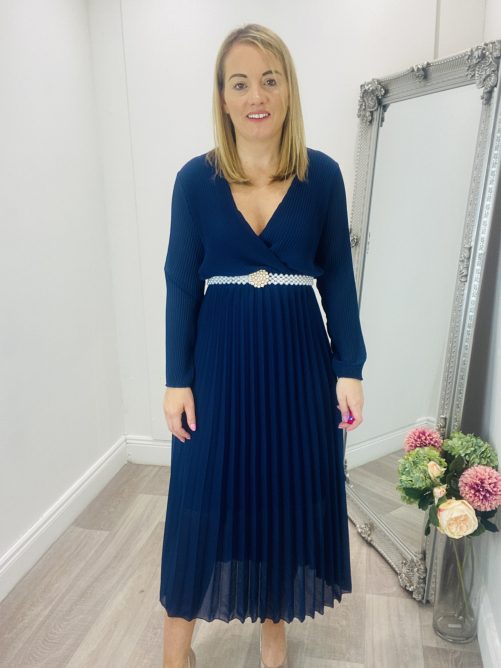 Crystal Pleated dress in navy