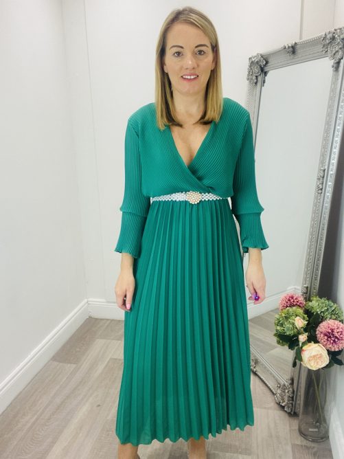 Crystal Pleated dress in green