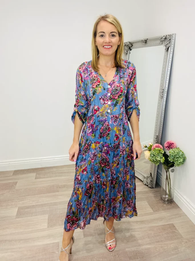 Floral Pleated Dress – Blue